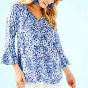Lilly Pulitzer Flounce Sleeve Blouse Blue White Seashell Print Resortwear Small